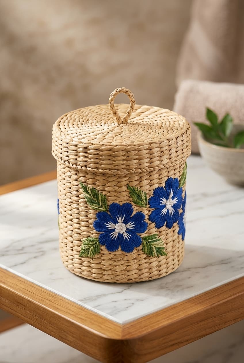 Artisanal hand-woven water hyacinth canister with embroidered blue flowers and lid handle