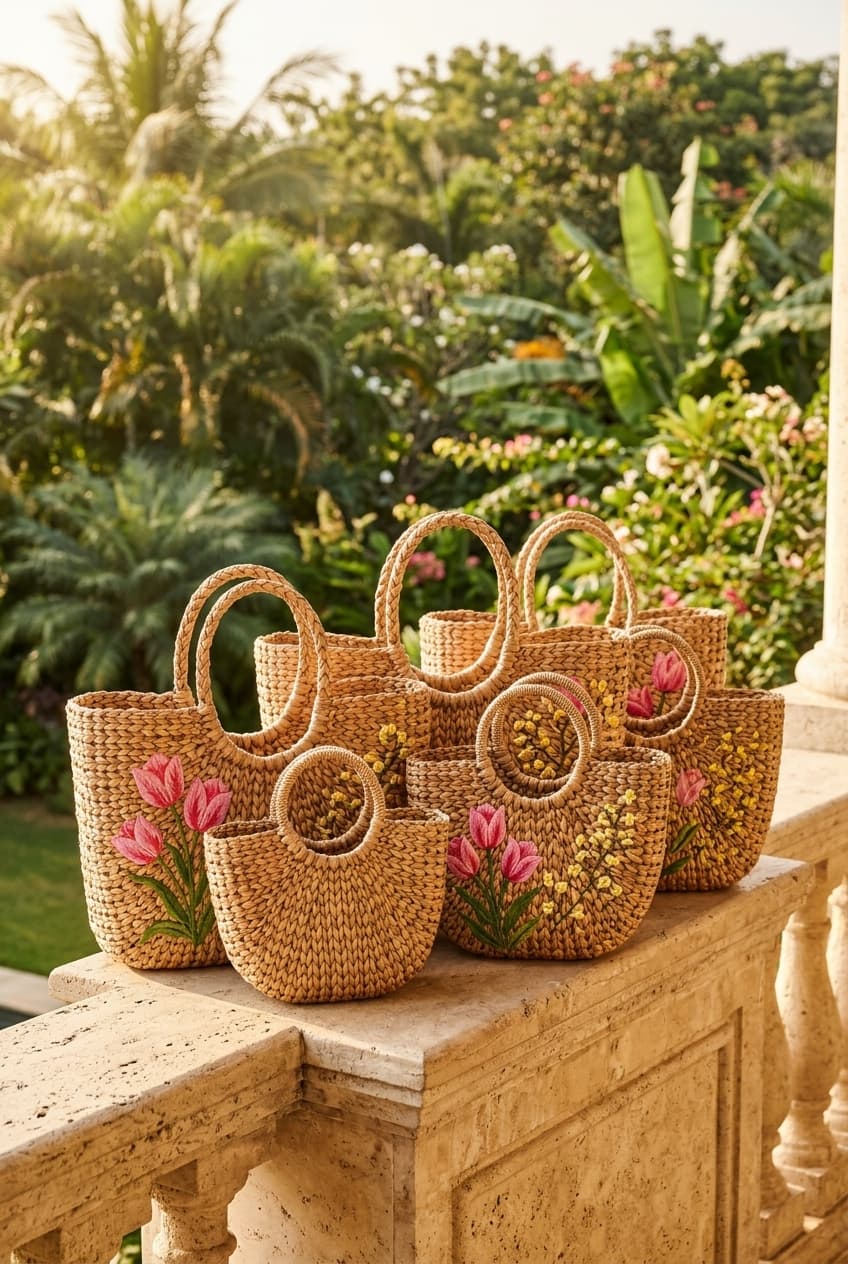 Handcrafted water hyacinth luxury tote bags with embroidered botanical floral motifs