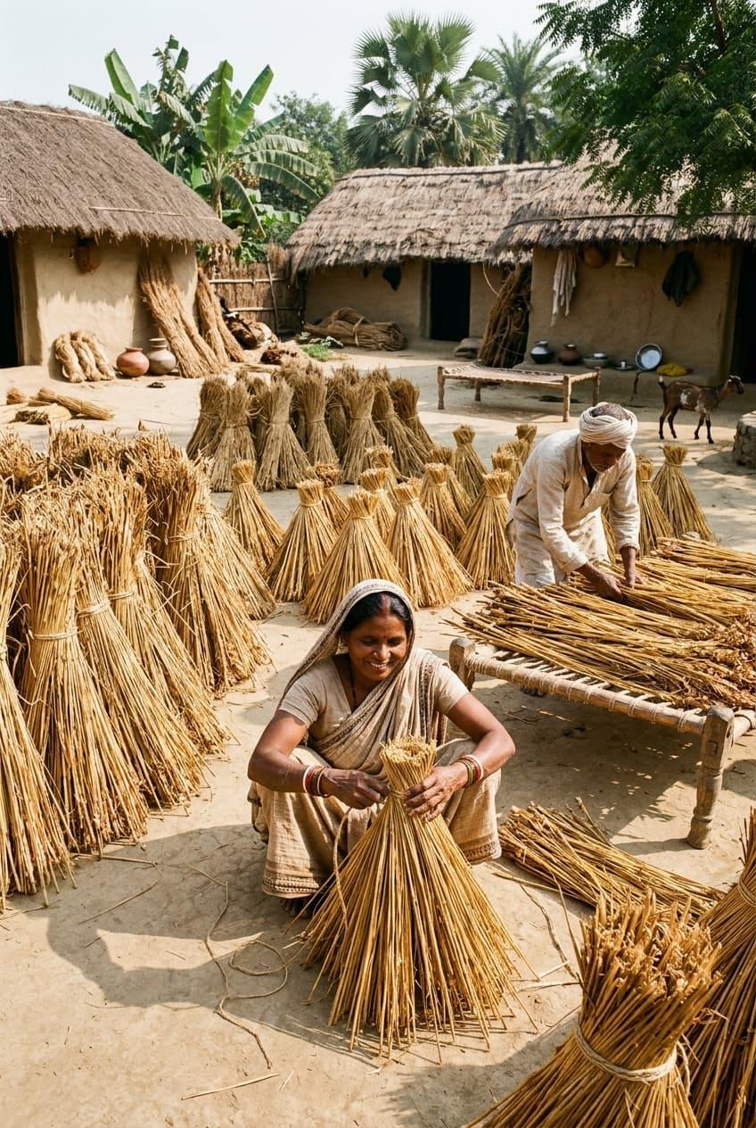 Rural village artisans sun-curing golden water hyacinth fiber sheaves in sunny courtyard