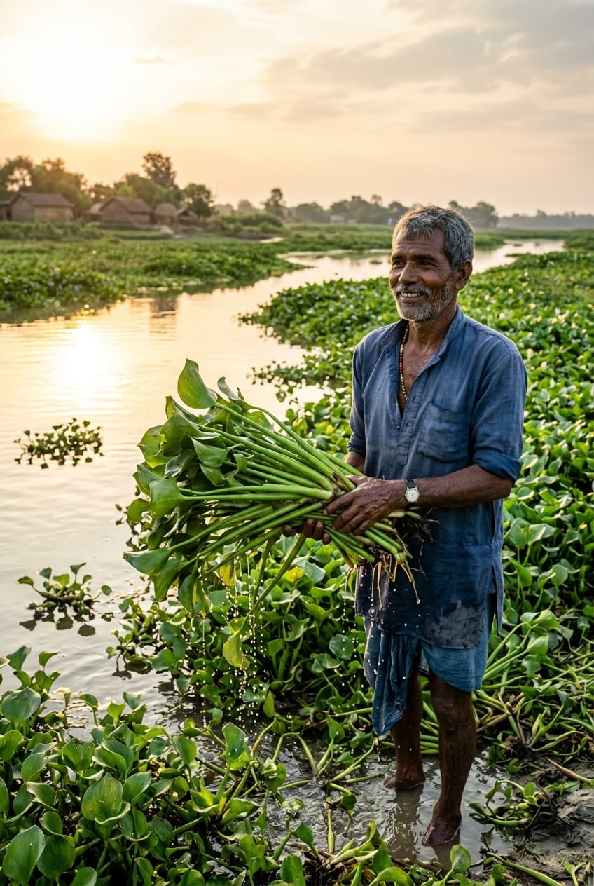 Wetland farmer harvesting fresh green water hyacinth stalks at sunrise in Bihar